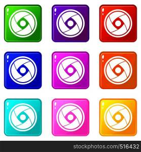Camera lens icons of 9 color set isolated vector illustration. Camera lens set 9