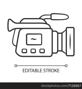 Camera linear icon. Camcorder. Videotaping, video recording. Filmmaking professional equipment. Thin line illustration. Contour symbol. Vector isolated outline drawing. Editable stroke