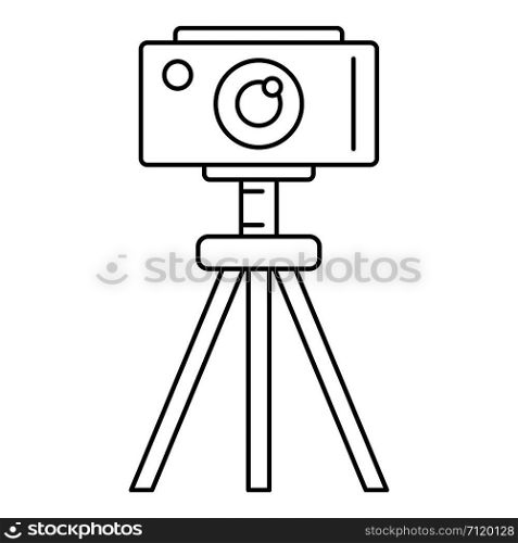 Camera on tripod icon. Outline camera on tripod vector icon for web design isolated on white background. Camera on tripod icon, outline style