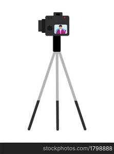 Camera on tripod semi flat color vector object. Full sized item on white. Professional photography. Recording video blog isolated modern cartoon style illustration for graphic design and animation. Camera on tripod semi flat color vector object