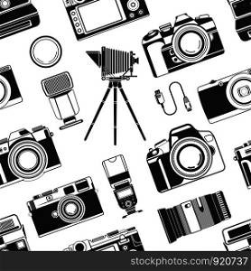 Camera photograph, portable old style apparatus equipment for photographers seamless pattern vector. Monochrome icons of optical lens and objectives for making good photo. Photography art and. Camera photograph, portable old style apparatus equipment for photographers seamless pattern vector.