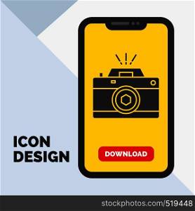 Camera, photography, capture, photo, aperture Glyph Icon in Mobile for Download Page. Yellow Background. Vector EPS10 Abstract Template background