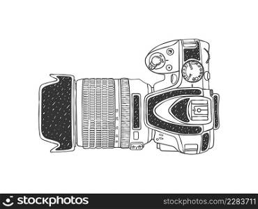 Camera picture. Camera with large lens. Hand-drawn image. Vector illustration