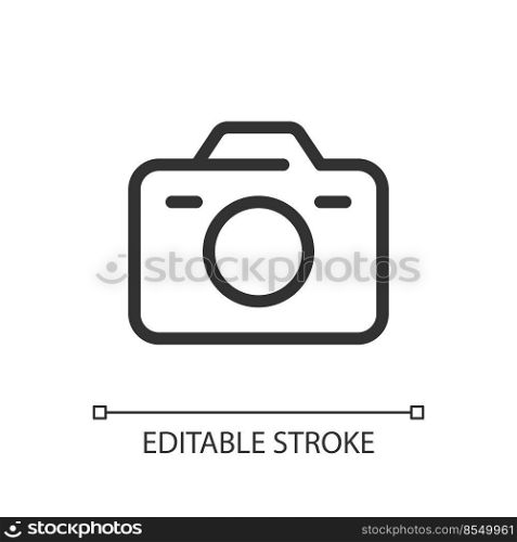 Camera pixel perfect linear ui icon. Digital and analogue. Instrument for making pictures. GUI, UX design. Outline isolated user interface element for app and web. Editable stroke. Arial font used. Camera pixel perfect linear ui icon