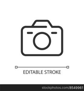 Camera pixel perfect linear ui icon. Digital and analogue. Instrument for making pictures. GUI, UX design. Outline isolated user interface element for app and web. Editable stroke. Arial font used. Camera pixel perfect linear ui icon