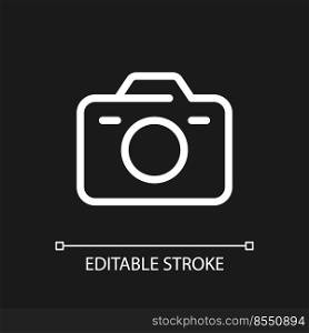 Camera pixel perfect white linear ui icon for dark theme. Digital, analogue. Photographic device. Vector line pictogram. Isolated user interface symbol for night mode. Editable stroke. Arial font used. Camera pixel perfect white linear ui icon for dark theme