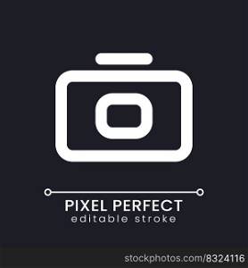 Camera pixel perfect white linear ui icon for dark theme. Making photo. Messenger feature. Vector line pictogram. Isolated user interface symbol for night mode. Editable stroke. Poppins font used. Camera pixel perfect white linear ui icon for dark theme