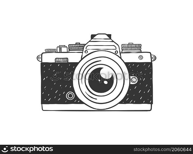 Camera. Retro hand-drawn camera. Illustration in sketch style. Vector image