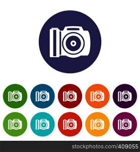 Camera set icons in different colors isolated on white background. Camera set icons