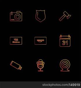 camera , sheild,  hammer , calender , amazon card , usb, microphone,  dart, visa icon, vector, design,  flat,  collection, style, creative,  icons