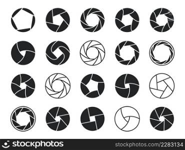 Camera shutter icons. Black lens aperture. Different diaphragm petals. Lomography optic objectives. Isolated photographic focus round signs. Optical zoom. Vector silhouette photo abstract symbols set. Camera shutter icons. Black lens aperture. Different diaphragm petals. Lomography optic objectives. Photographic focus round signs. Optical zoom. Vector silhouette photo symbols set