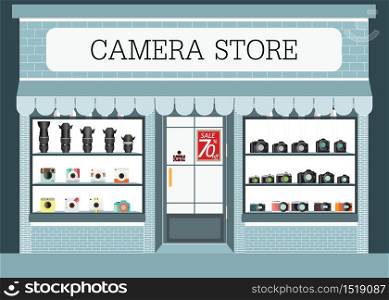 Camera store building and interior with products on shelves, digital camera, lens and Vintage professional photo camera,vector illustration.