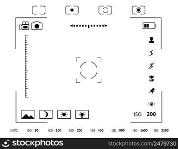 Camera viewfinder display. Exposure and composition focus, electronic zoom, photography optical, finder and screen, vector illustration. Camera viewfinder display