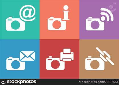 Camera web icons set. Send, print, link image symbols vector illustration.