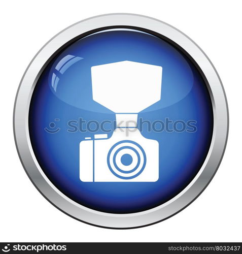 Camera with fashion flash icon. Glossy button design. Vector illustration.