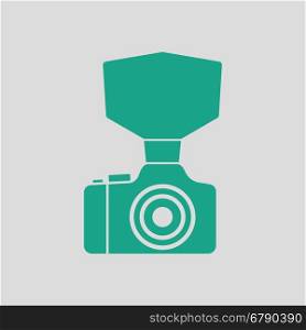 Camera with fashion flash icon. Gray background with green. Vector illustration.