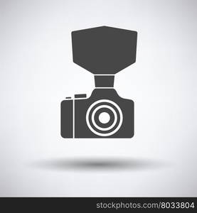 Camera with fashion flash icon on gray background, round shadow. Vector illustration.