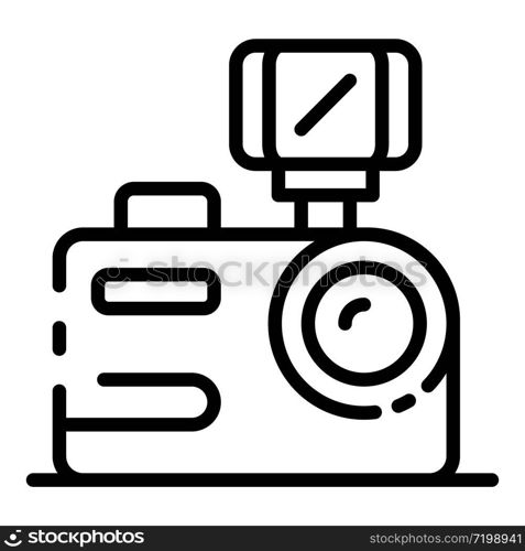 Camera with flash icon. Outline camera with flash vector icon for web design isolated on white background. Camera with flash icon, outline style