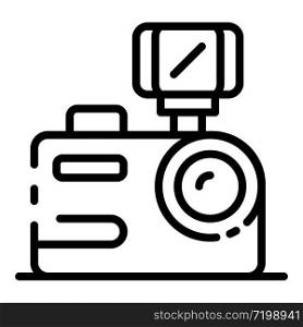 Camera with flash icon. Outline camera with flash vector icon for web design isolated on white background. Camera with flash icon, outline style