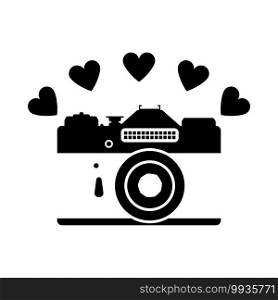 Camera With Hearts Icon. Black Glyph Design. Vector Illustration.