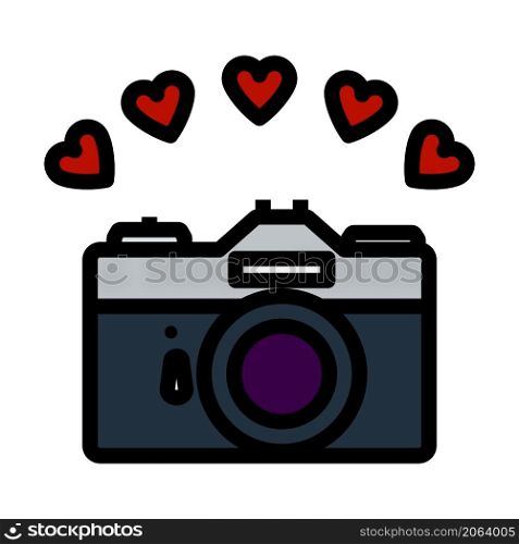 Camera With Hearts Icon. Editable Bold Outline With Color Fill Design. Vector Illustration.