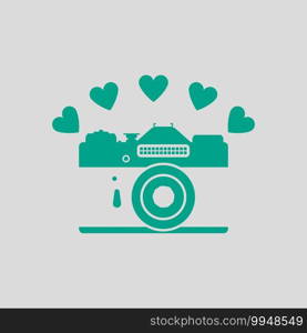 Camera With Hearts Icon. Green on Gray Background. Vector Illustration.