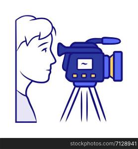 Cameraman blue color icon. Videorecording, filming. Videographer, operator with camera. Video journalist, reporter. Filmmaking and video production industry. Isolated vector illustration