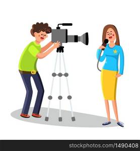 Cameraman Character Shoots Reporter Report Vector. Cameraman Operator With Video Camera Camcorder Removes Journalist Young Woman With Microphone. Television News Flat Cartoon Illustration. Cameraman Character Shoots Reporter Report Vector Illustration