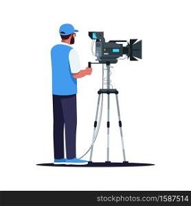 Cameraman semi flat RGB color vector illustration. Popular films creation process. Movie set. Perfect teamwork example. Filming person isolated cartoon character on white background. Cameraman semi flat RGB color vector illustration