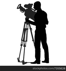 Cameraman with video camera. Silhouettes on white background.. Cameraman with video camera. Silhouettes on white background