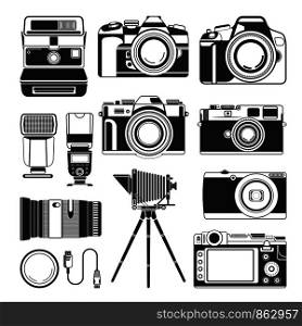 Cameras icon of retro old and modern photography photo equipment. Vector isolated silhouette of vintage lens and film camera or digital photograph flash on tripod. Retro camera and old or modern photography equipment vector, silhouette icons