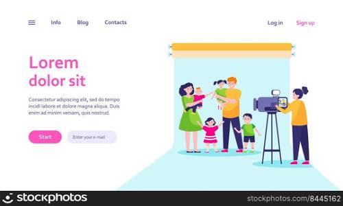 Camerawoman filming big family scene in studio. Parents and children posing for camera flat vector illustration. Operator job, shooting concept for banner, website design or landing web page