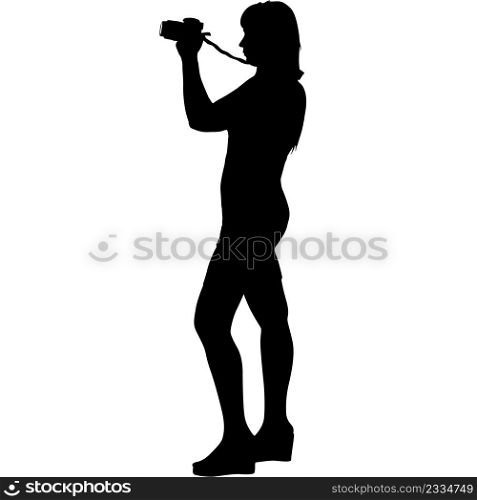 Camerawoman with video camera. Silhouettes on white background.. Camerawoman with video camera. Silhouettes on white background