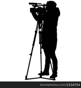 Camerawoman with video camera. Silhouettes on white background.. Camerawoman with video camera. Silhouettes on white background