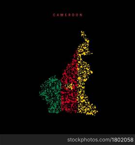 Cameroon flag map, chaotic particles pattern in the colors of the Cameroonian flag. Vector illustration isolated on black background.. Cameroon flag map, chaotic particles pattern in the Cameroonian flag colors. Vector illustration