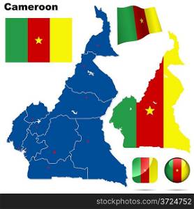 Cameroon vector set. Detailed country shape with region borders, flags and icons isolated on white background.