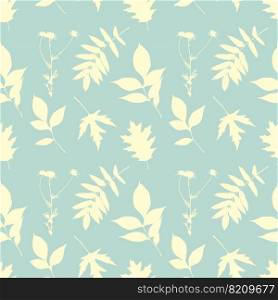 Camomile and  leaves silhouette,  pastel color, pattern. St&, imprint, herbarium, vintage.