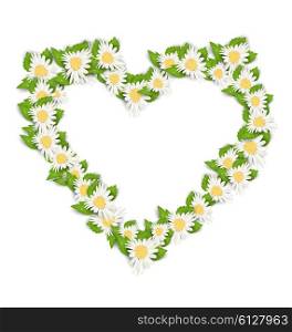 Camomile Flowers in Form Heart Isolated on White Background. Illustration Camomile Flowers in Form Heart Isolated on White Background. Spring Card - Vector