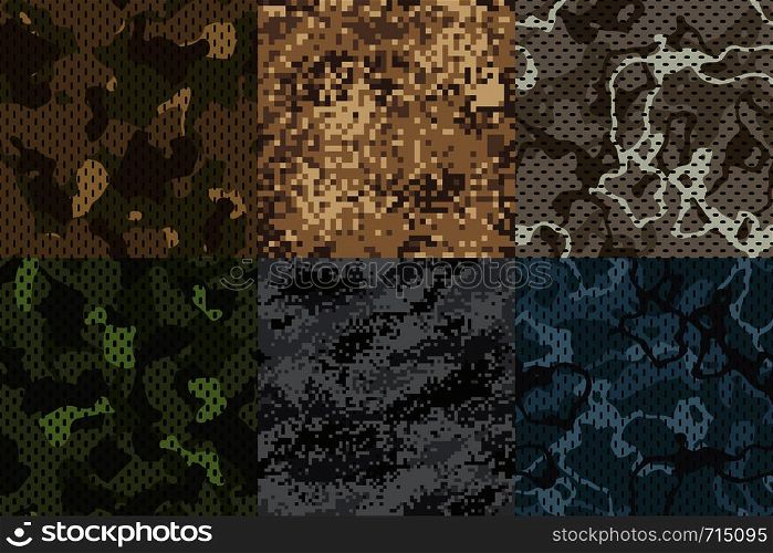 Camouflage khaki texture. Army fabric seamless forest and sand camo netting pattern. Soldier khaki military camouflage uniform print. Camouflaged textile patterns vector textures set. Camouflage khaki texture. Army fabric seamless forest and sand camo netting pattern vector textures set