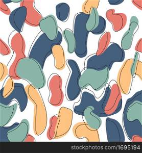 Camouflage pattern background seamless vector illustration. Modern clothing style masking camo repeat print. Blue red yellow on white colors in linear outline doodle. Marine texture fashion textile