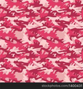 Camouflage seamless pattern background. Classic camo repeat print. Pink rose ruby colors forest texture. Design element. Vector illustration.. Camouflage seamless pattern background. Classic clothing style masking camo repeat print. Pink orchid rose ruby colors forest texture. Design element. Vector illustration.
