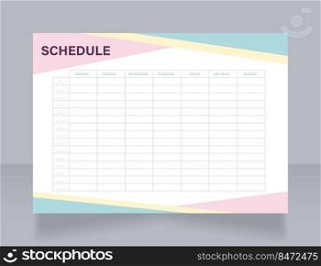 Camp activities schedule worksheet design template. Printable goal setting sheet. Editable time management sample. Scheduling page for organizing personal tasks. Acumin Variable Concept font used. Camp activities schedule worksheet design template