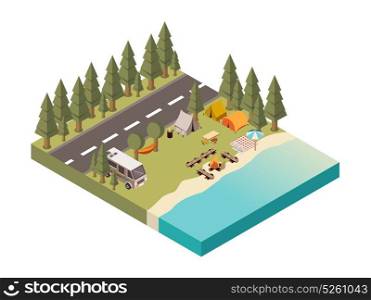 Camp Between Road And Lake Illustration. Camp between road and lake with tents and hammock bonfire on beach picnic blanket isometric vector illustration