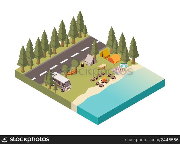 Camp between road and lake with tents and hammock bonfire on beach picnic blanket isometric vector illustration. Camp Between Road And Lake Illustration