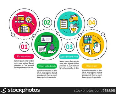 Camp booking, reservation vector infographic template. Business presentation design elements. Data visualization with four steps and options. Process timeline chart. Workflow layout with linear icons