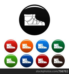Camp boots icons set 9 color vector isolated on white for any design. Camp boots icons set color