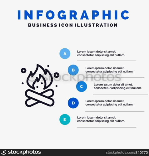 Camp, Camping, Fire, Hot, Nature Line icon with 5 steps presentation infographics Background