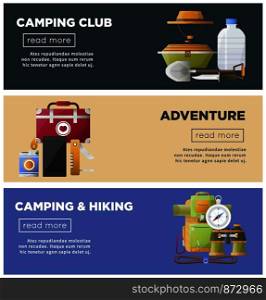 Camp club or camping adventure web banners of hiking tools and accessories. Vector flat design of camp tent, backpack with compass or food and drink flask, bowler and scout hat. Summer camp club vector camping web banners
