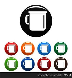 Camp cup icons set 9 color vector isolated on white for any design. Camp cup icons set color