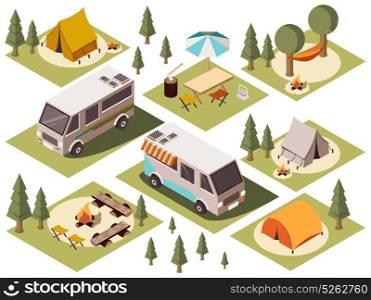 Camp Elements Isometric Set. Isometric set of camp elements with vans tents bonfires chairs tables hammock and umbrella isolated vector illustration